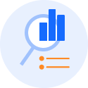 A circular icon on a pale blue background featuring a light-blue magnifying glass focused over three solid blue vertical bar charts of varying heights. To the bottom right, two orange bullet points with horizontal lines represent a simplified data list.