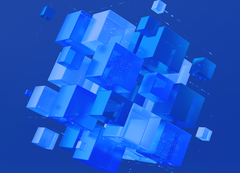 Abstract 3D blue floating cubes representing artificial intelligence and advanced analytics