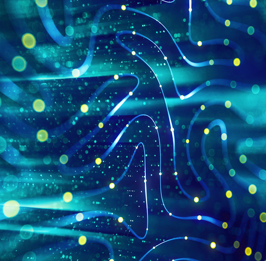 Abstract visualization of AI data streams and neural network patterns flowing through digital space