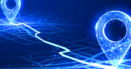 Digital map with glowing location pins connected by a data-driven route illustrating AI-powered geospatial analytics