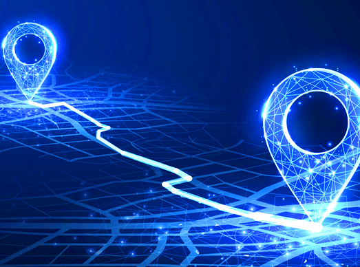 Digital map with glowing location pins connected by a data-driven route illustrating AI-powered geospatial analytics