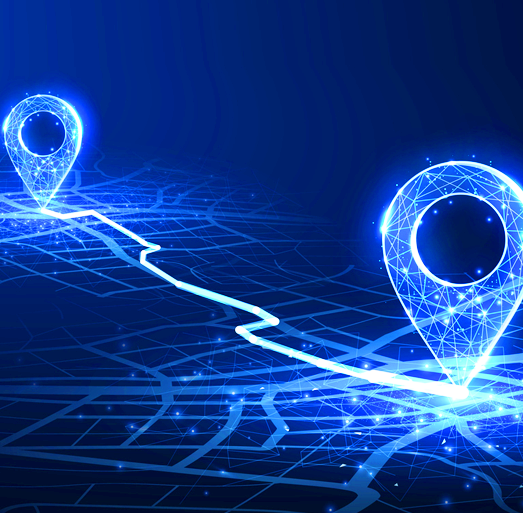 Digital map with glowing location pins connected by a data-driven route illustrating AI-powered geospatial analytics