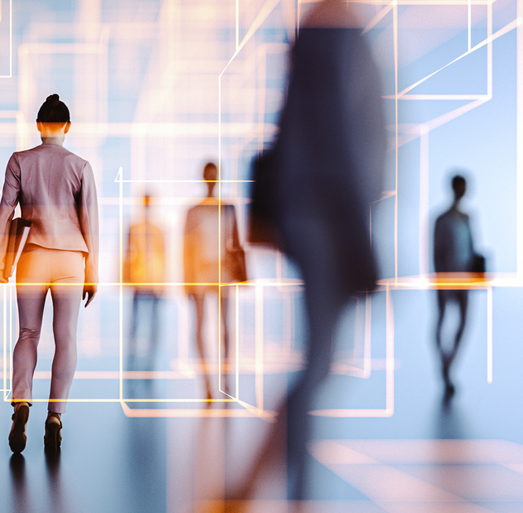 Business professionals navigating a digitally connected workplace environment powered by advanced analytics