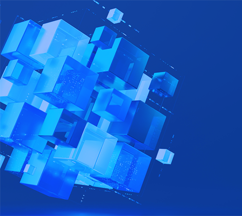 Abstract 3D blue floating cubes representing artificial intelligence and advanced analytics