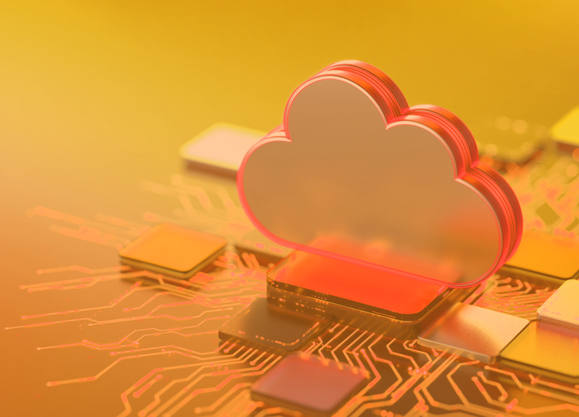 3D orange cloud icon on a circuit board representing cloud computing and data infrastructure