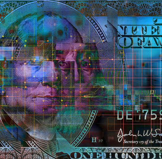 Digital data overlay on US currency representing cloud-enabled financial data management and cost optimization