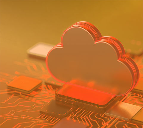 3D orange cloud icon on a circuit board representing cloud computing and data infrastructure