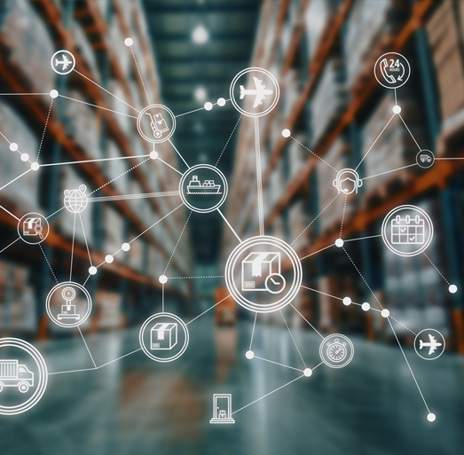 Connected supply chain logistics network overlaid on a warehouse representing end-to-end consumer products distribution