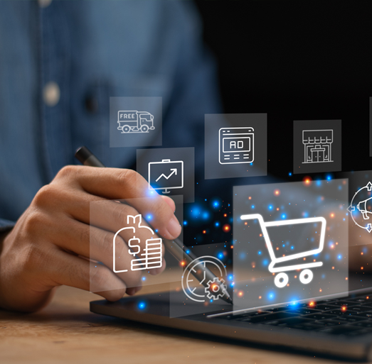 Professional accessing e-commerce and retail management tools including sales analytics, advertising, and digital storefronts