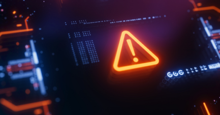 Glowing warning alert symbol on a digital circuit board indicating a cybersecurity threat