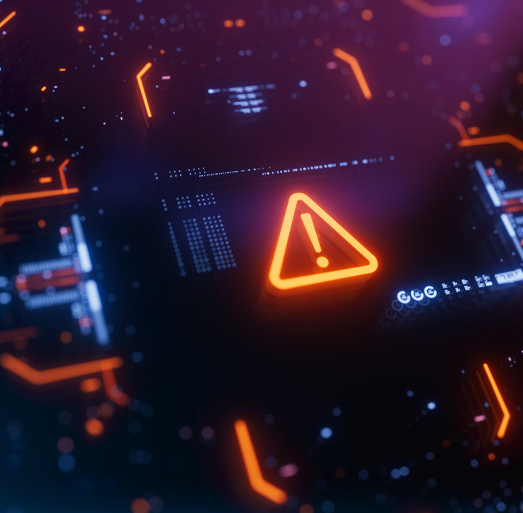 Glowing warning alert symbol on a digital circuit board indicating a cybersecurity threat