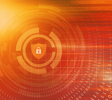 Orange and red cybersecurity graphic featuring a shield and lock icon surrounded by binary code and circular radar design