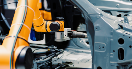 An automated bright orange robotic arm precision-welding or assembling the interior frame of a grey car chassis on an automotive factory production line.