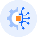 A circular icon showing a split concept on a pale blue background: the left half is a light-blue mechanical gear, and the right half transitions into a solid blue circuit board layout with nodes extending outward. A single orange square sits directly at the center intersection.