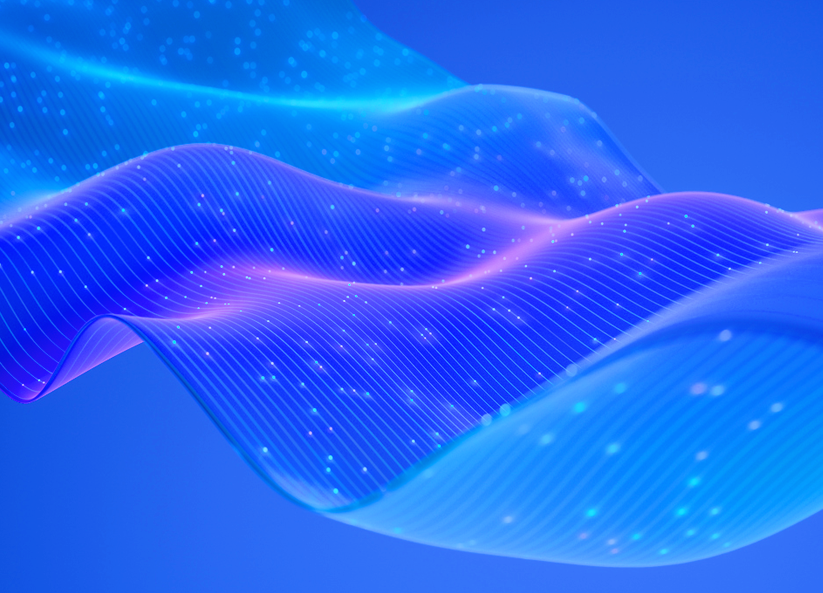 Glowing blue digital wave with flowing lines and particles representing digital transformation