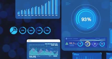 Digital transformation dashboard displaying business performance metrics, analytics charts, and KPI indicators