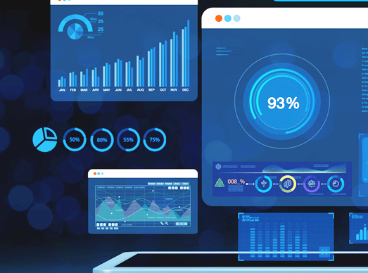 Digital transformation dashboard displaying business performance metrics, analytics charts, and KPI indicators