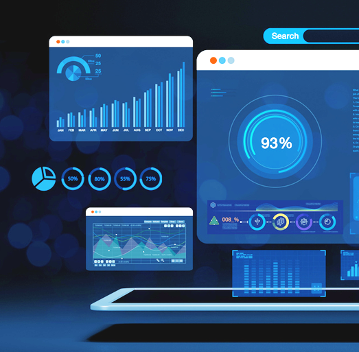 Digital transformation dashboard displaying business performance metrics, analytics charts, and KPI indicators
