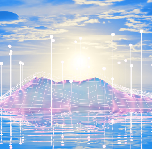 Digital terrain model with data visualization points representing transformation roadmap and strategic insights