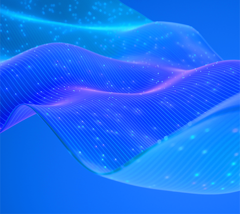 Glowing blue digital wave with flowing lines and particles representing digital transformation