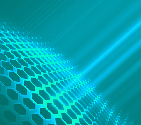 Abstract teal hexagonal grid pattern with light rays representing energy and engineering technology