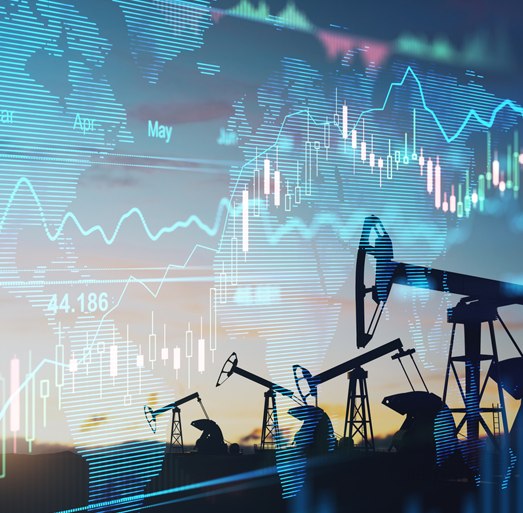 Oil field pump jacks with energy market data charts representing analytics-driven energy sector consulting