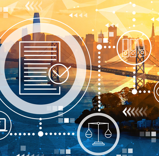 Energy sector regulatory compliance and governance framework icons overlaid on a city infrastructure skyline