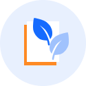 A circular icon showing two stylized leaves—one dark blue and one light blue—overlapping a white rectangle with an orange shadow edge, set against a pale blue background.