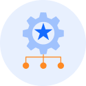 A circular icon depicting a light blue gear with a solid blue star in the center, connected downward to an orange three-node organizational chart or hierarchy tree, set against a pale blue background.