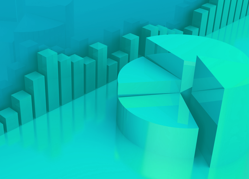 3D bar chart and pie chart graphic in teal representing ERP data and analytics