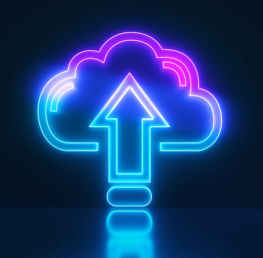 Glowing neon cloud upload icon representing ERP cloud migration and system modernization