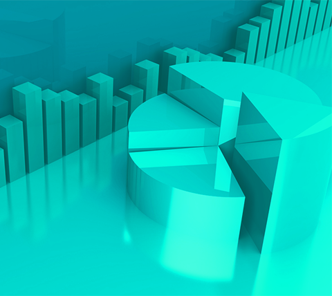 3D bar chart and pie chart graphic in teal representing ERP data and analytics