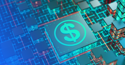 3D rendered circuit board with a dollar sign chip representing digital finance