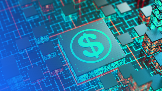 3D rendered circuit board with a dollar sign chip representing digital finance