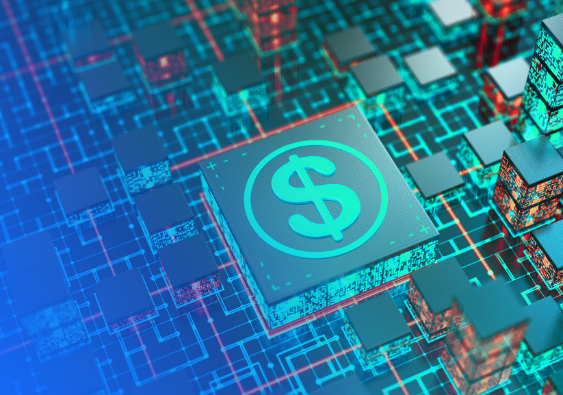 3D rendered circuit board with a dollar sign chip representing digital finance