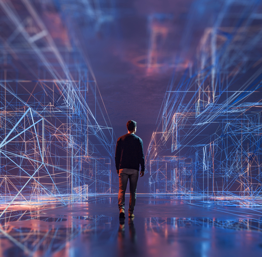 Financial professional navigating a complex digital landscape representing modern financial services transformation