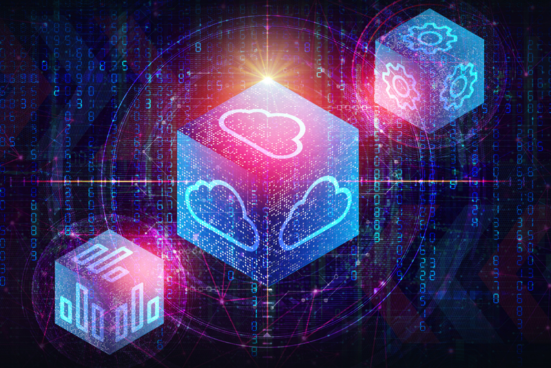 An abstract digital illustration featuring three glowing, semi-transparent 3D cubes displaying icons for cloud computing, gears, and bar charts, floating over a dark background filled with matrix-like digital code and circuit lines.
