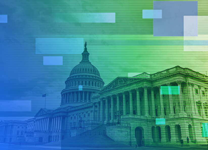 U.S. Capitol building with a blue and green digital overlay