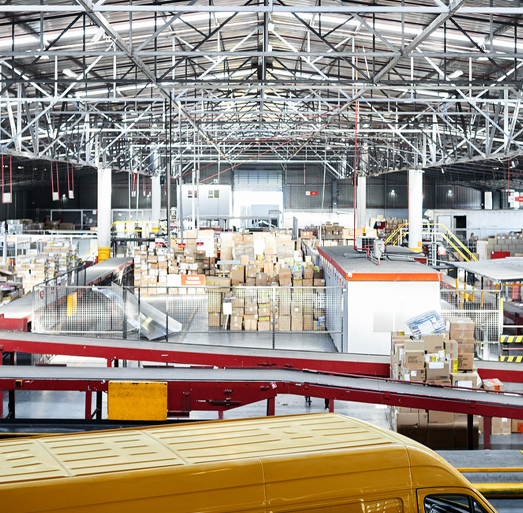 Large-scale distribution warehouse with sorted packages and delivery vehicles representing manufacturing logistics operations
