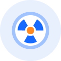 A circular icon showcasing a blue trefoil nuclear radiation symbol with an orange center circle, surrounded by a light-blue ring on a pale blue background.