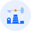 A circular icon displaying a blue and light-blue stylized oil pump jack graphic with a single orange circle at its pivot point, set against a pale blue background.