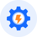 A circular icon featuring a blue gear silhouette with an orange lightning bolt symbol inside a white center circle, set against a pale blue background.