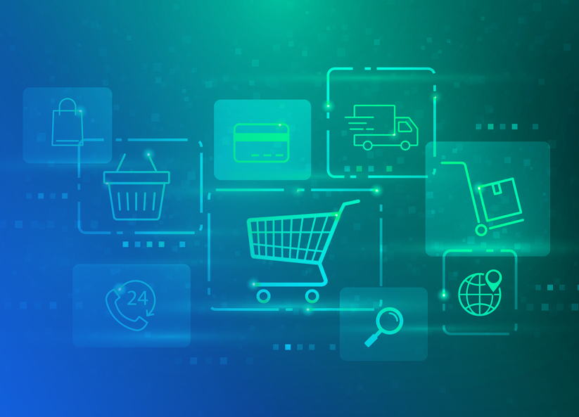 Digital illustration of retail and e-commerce icons including a shopping cart, delivery truck, and payment card
