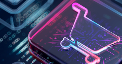 Digital shopping cart icon on a circuit board representing technology-driven retail and e-commerce innovation