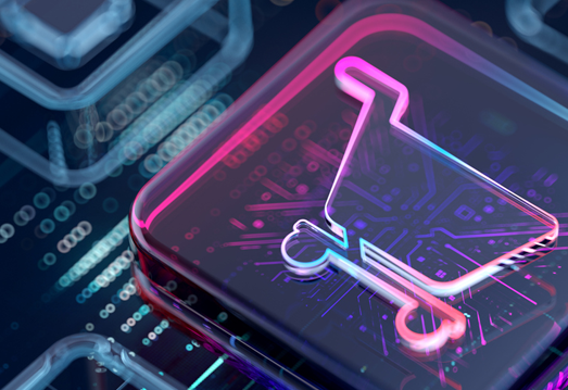 Digital shopping cart icon on a circuit board representing technology-driven retail and e-commerce innovation