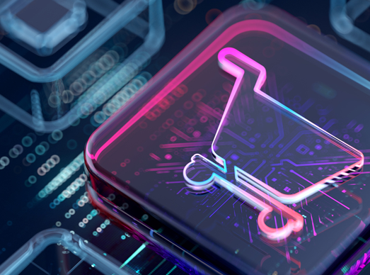 Digital shopping cart icon on a circuit board representing technology-driven retail and e-commerce innovation