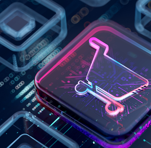Digital shopping cart icon on a circuit board representing technology-driven retail and e-commerce innovation