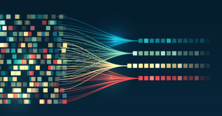 Abstract data integration visualization showing multiple streams of colored data from disparate sources converging into four organized data pathways