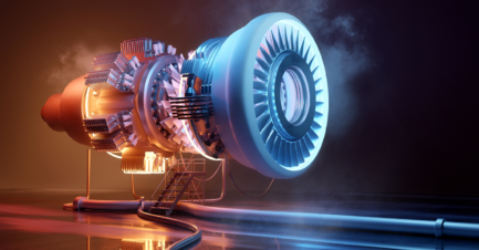 High-tech jet engine turbine with visible internal components and testing equipment, symbolizing aerospace and defense manufacturing.