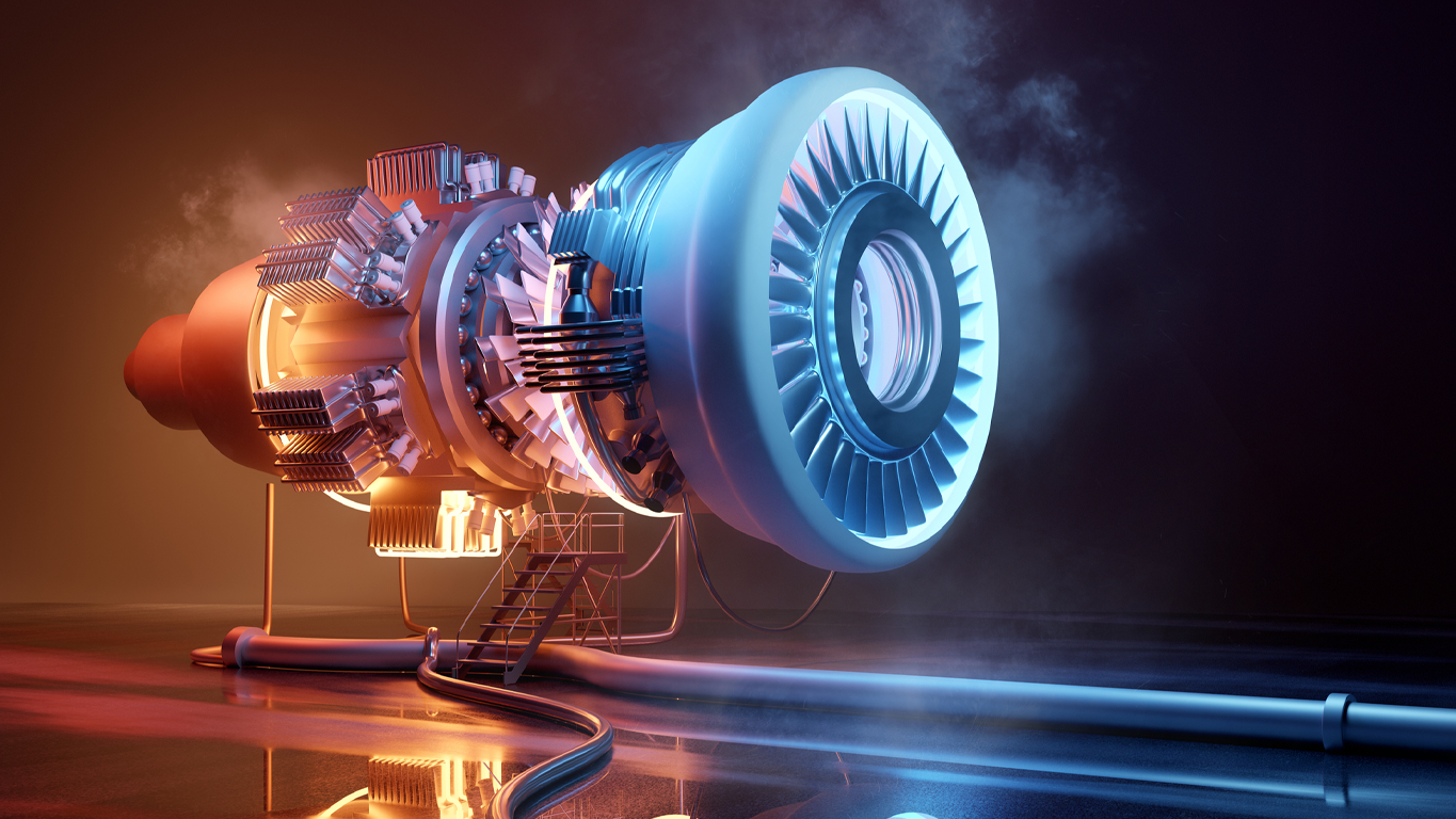 High-tech jet engine turbine with visible internal components and testing equipment, symbolizing aerospace and defense manufacturing.